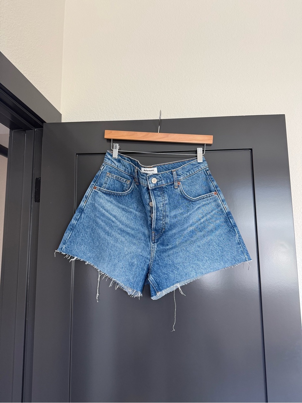Reformation High-Rise Distressed Denim Shorts - Blue